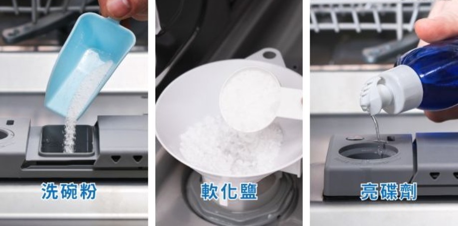 洗碗粉及軟化鹽及亮碟劑 在洗碗機的洗劑槽內放入洗碗粉及軟化鹽及亮碟劑