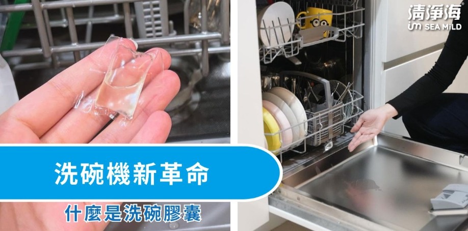 手上放著一顆洗碗膠囊並將洗碗膠囊丟進洗碗機槽底